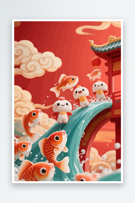 Q版卡通鲤鱼跃龙门元素-众图网