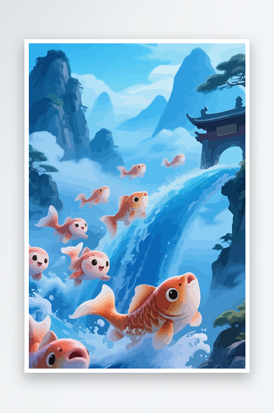 Q版卡通鲤鱼跃龙门元素-众图网