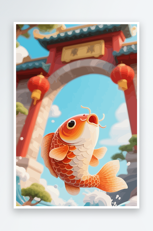 Q版卡通鲤鱼跃龙门元素-众图网