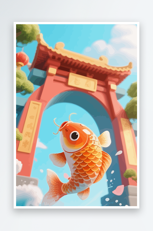 Q版卡通鲤鱼跃龙门元素-众图网