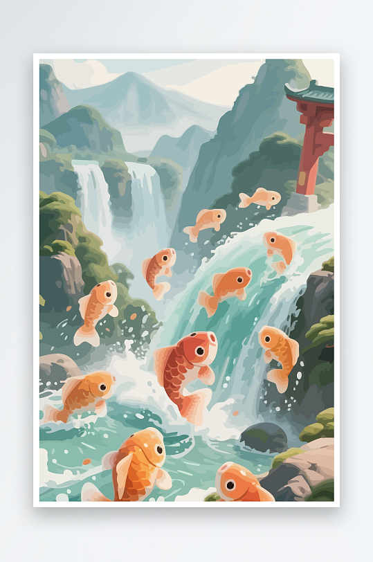 Q版卡通鲤鱼跃龙门元素-众图网