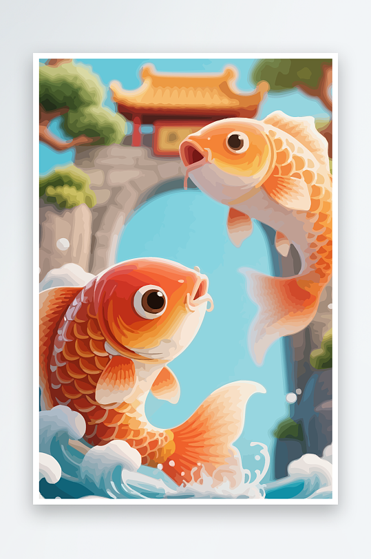 Q版卡通鲤鱼跃龙门元素-众图网