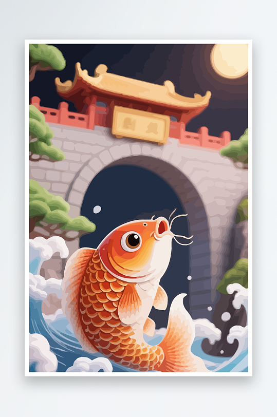 Q版卡通鲤鱼跃龙门元素-众图网