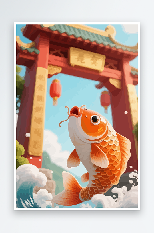 Q版卡通鲤鱼跃龙门元素-众图网
