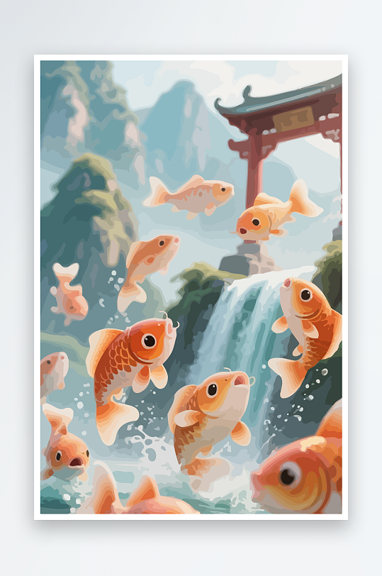Q版卡通鲤鱼跃龙门-众图网