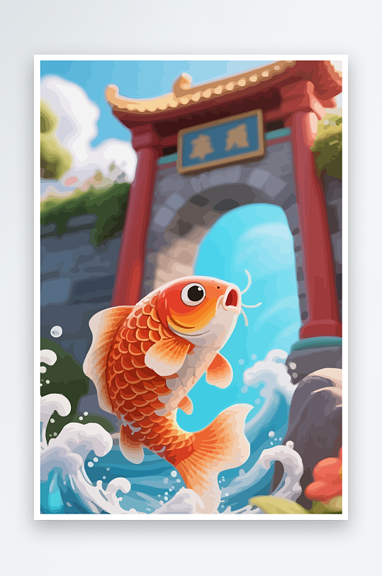 Q版卡通鲤鱼跃龙门-众图网