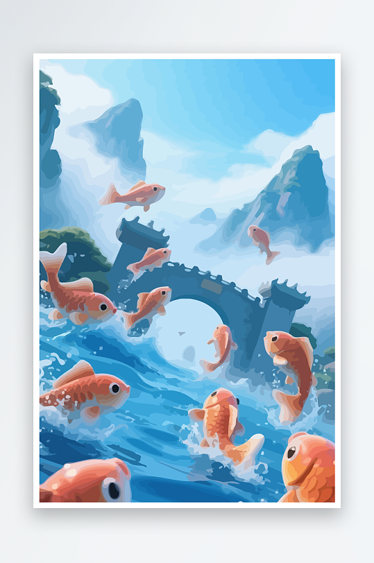 Q版卡通鲤鱼跃龙门-众图网