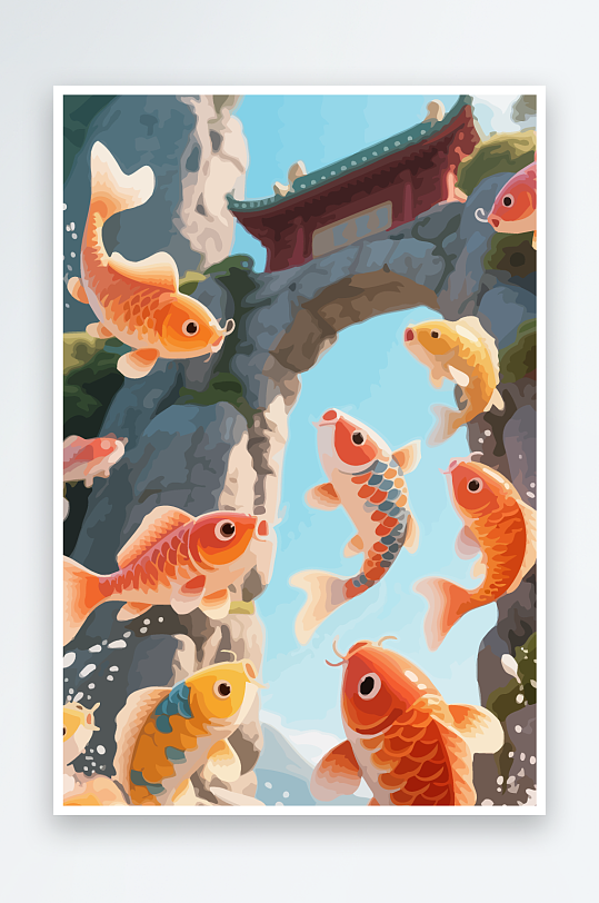 Q版卡通鲤鱼跃龙门-众图网