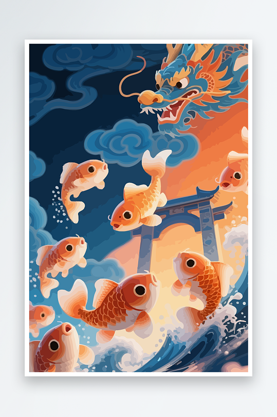 Q版卡通鲤鱼跃龙门-众图网