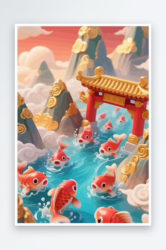 Q版卡通鲤鱼跃龙门-众图网