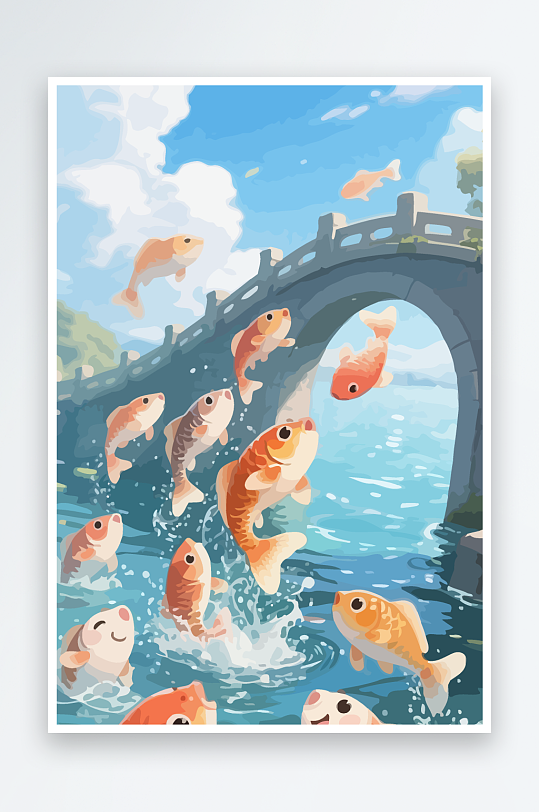 Q版卡通鲤鱼跃龙门元素-众图网