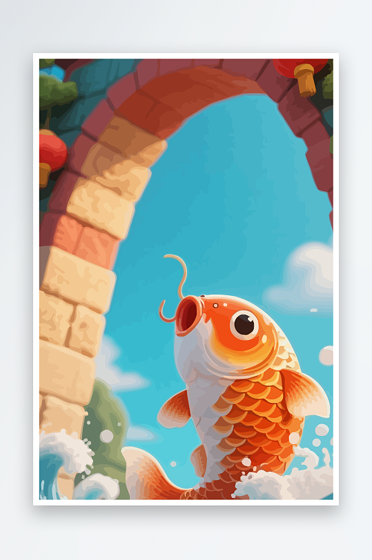 Q版卡通鲤鱼跃龙门元素-众图网