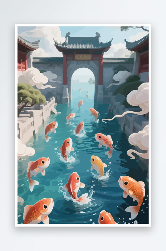 Q版卡通鲤鱼跃龙门元素-众图网