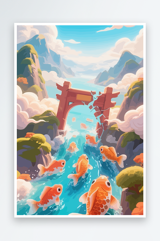 Q版卡通鲤鱼跃龙门元素-众图网