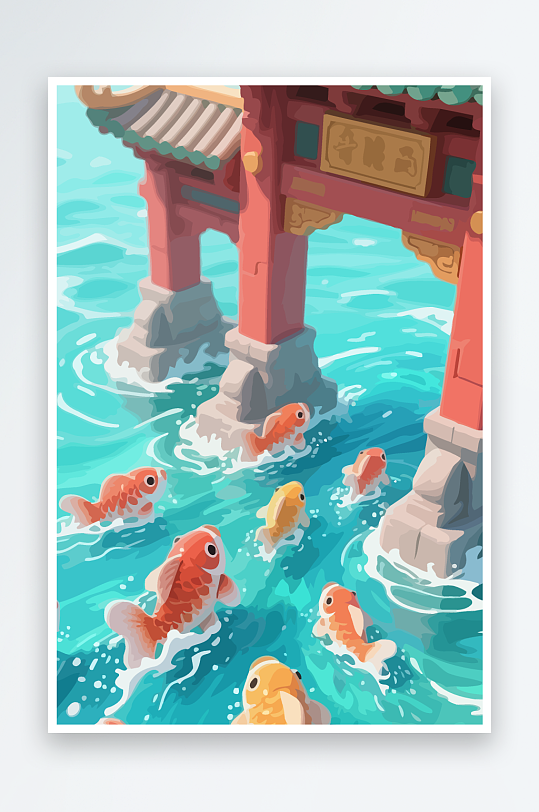 Q版卡通鲤鱼跃龙门元素-众图网