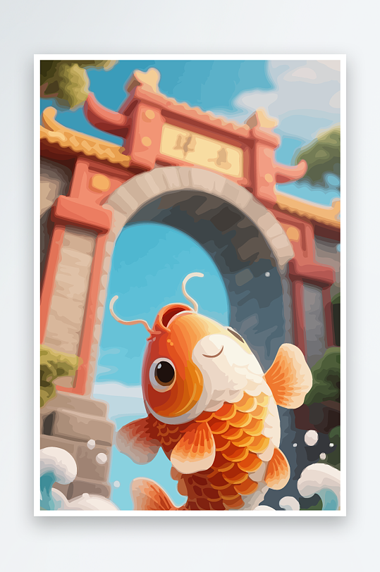 Q版卡通鲤鱼跃龙门元素-众图网