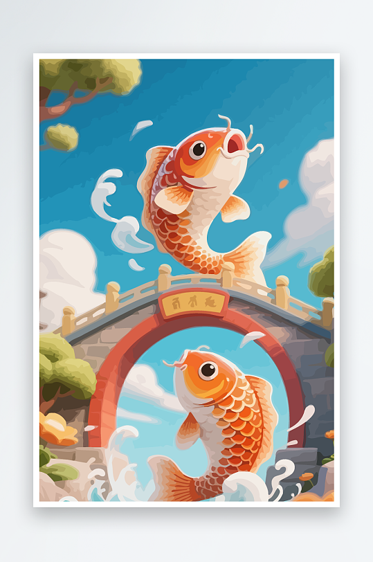 Q版卡通鲤鱼跃龙门元素-众图网