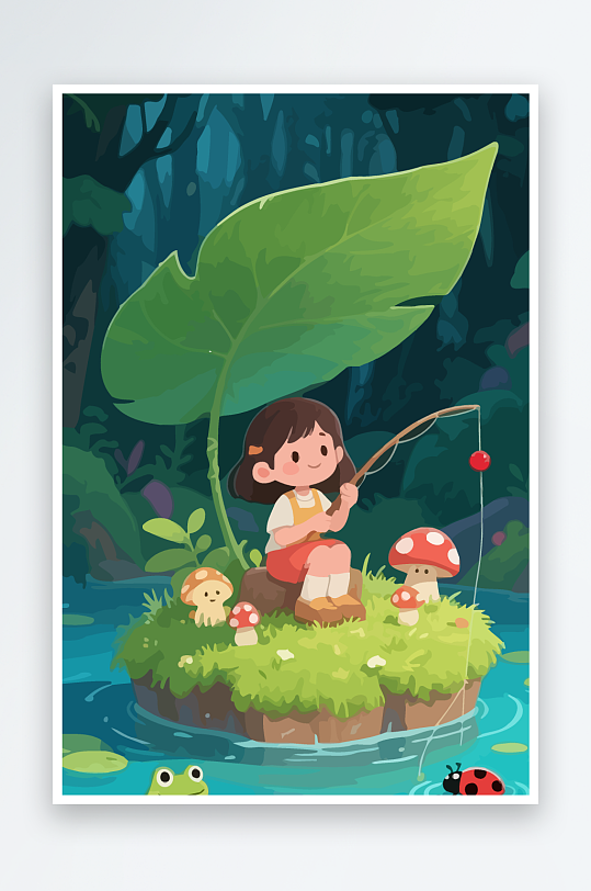 Q版钓鱼的小女孩-众图网