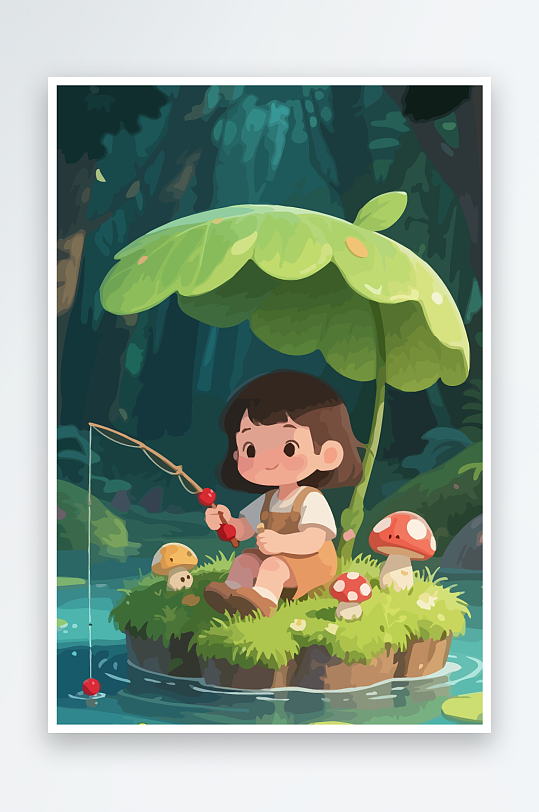 Q版钓鱼的小女孩-众图网