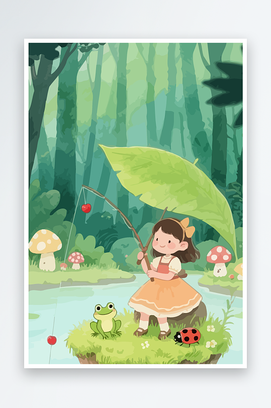 Q版钓鱼的小女孩-众图网