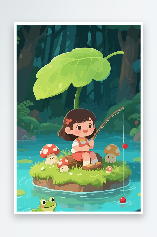 Q版钓鱼的小女孩-众图网