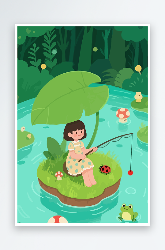 Q版钓鱼的小女孩-众图网