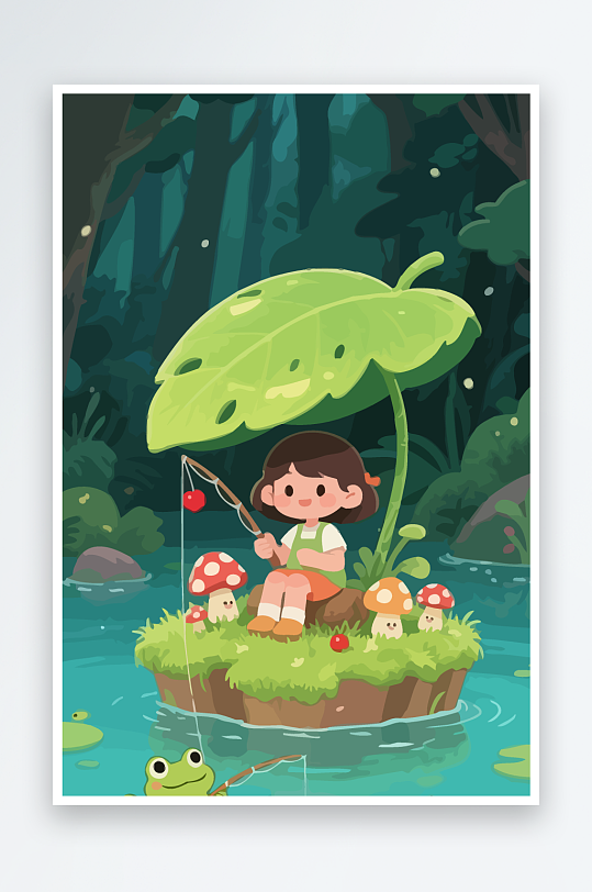 Q版钓鱼的小女孩-众图网