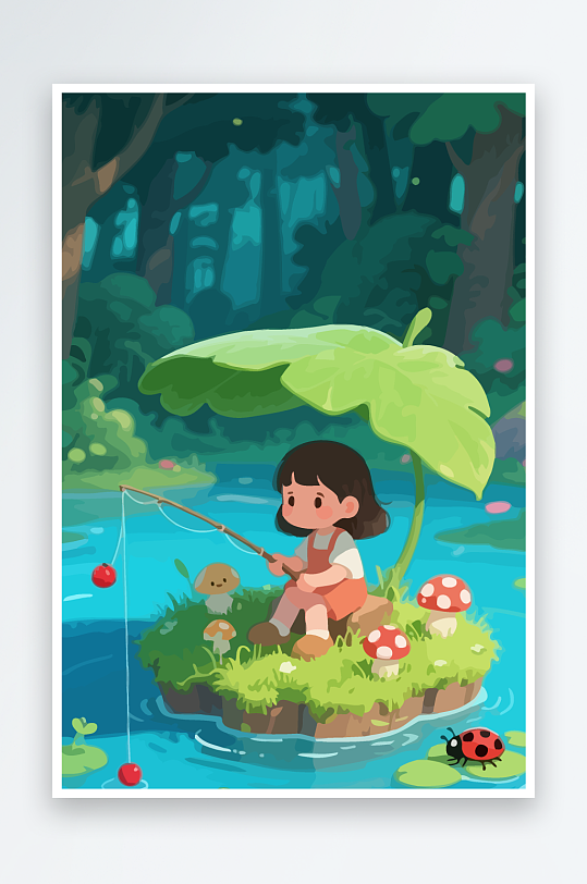 Q版钓鱼的小女孩-众图网