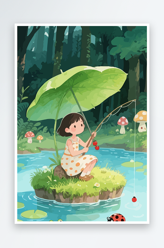 Q版钓鱼的小女孩元素-众图网