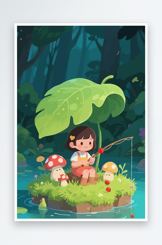 Q版钓鱼的小女孩元素-众图网