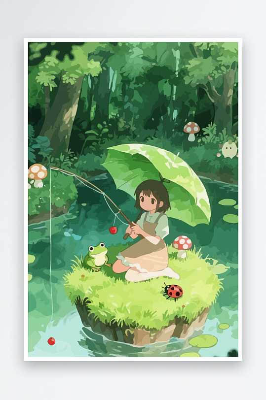 Q版钓鱼的小女孩元素-众图网