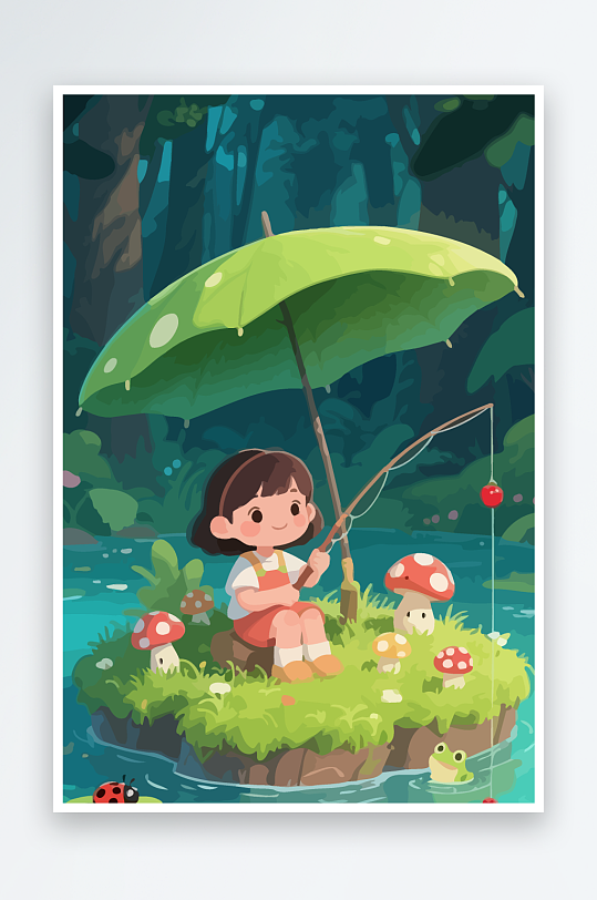 Q版钓鱼的小女孩元素-众图网