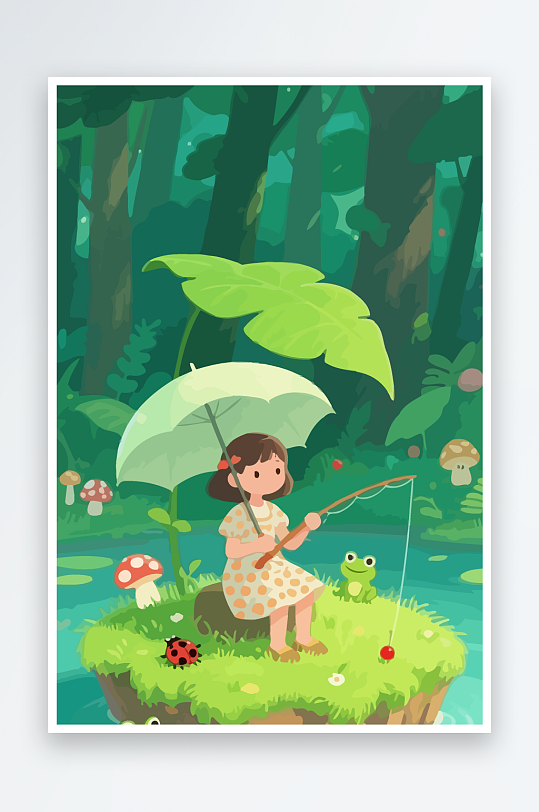 Q版钓鱼的小女孩元素-众图网