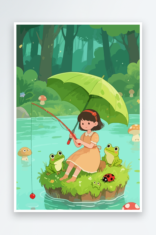 Q版钓鱼的小女孩元素-众图网