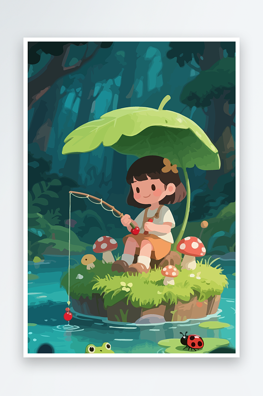 Q版钓鱼的小女孩元素-众图网