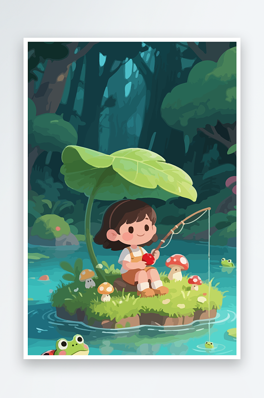 Q版钓鱼的小女孩-众图网