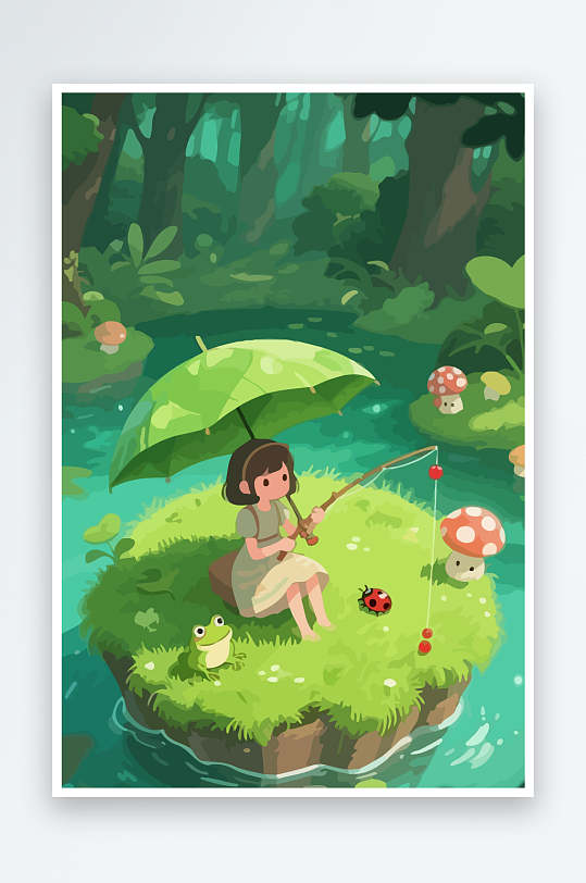 Q版钓鱼的小女孩-众图网