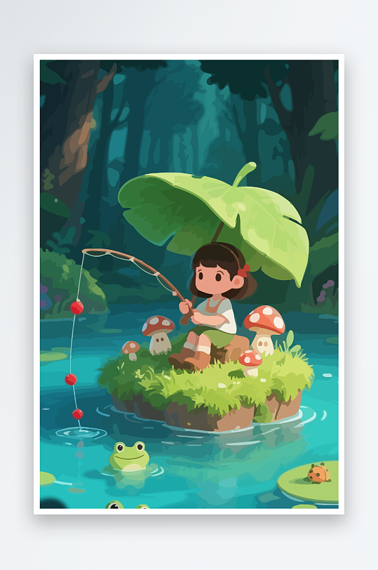 Q版钓鱼的小女孩-众图网
