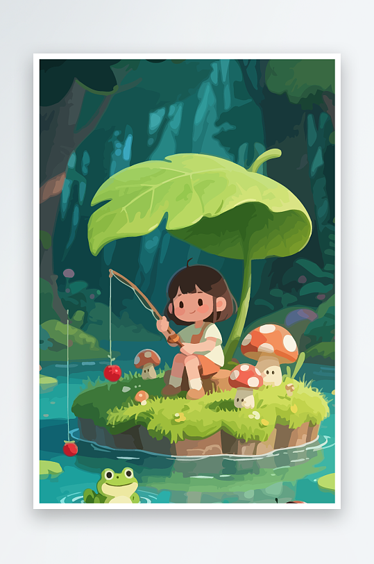 Q版钓鱼的小女孩-众图网