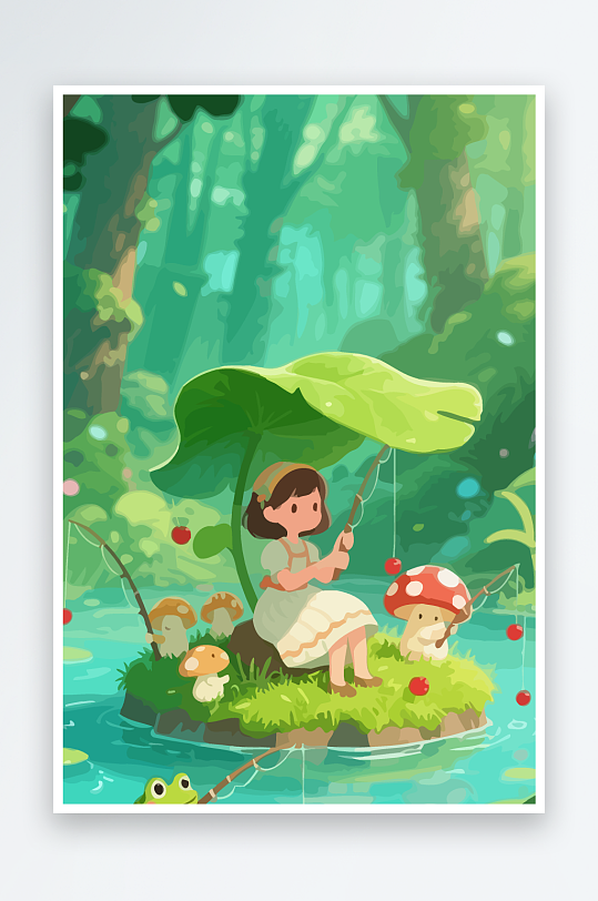 Q版钓鱼的小女孩元素-众图网