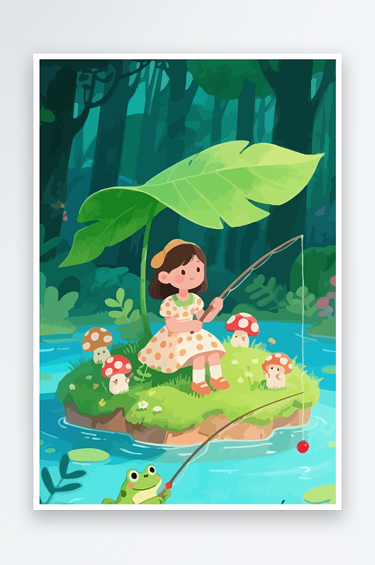 Q版钓鱼的小女孩元素-众图网