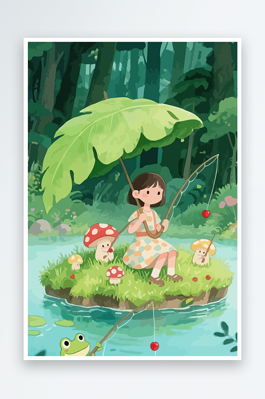 Q版钓鱼的小女孩元素-众图网
