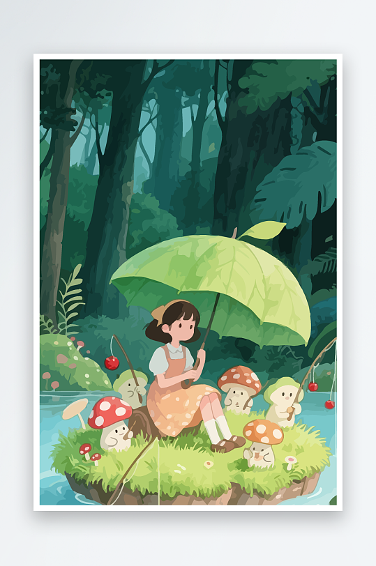 Q版钓鱼的小女孩元素-众图网