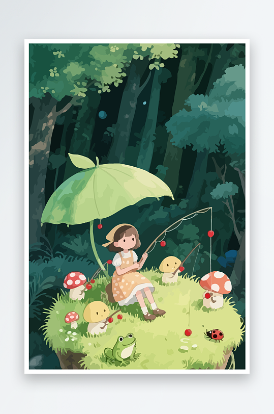 Q版钓鱼的小女孩元素-众图网