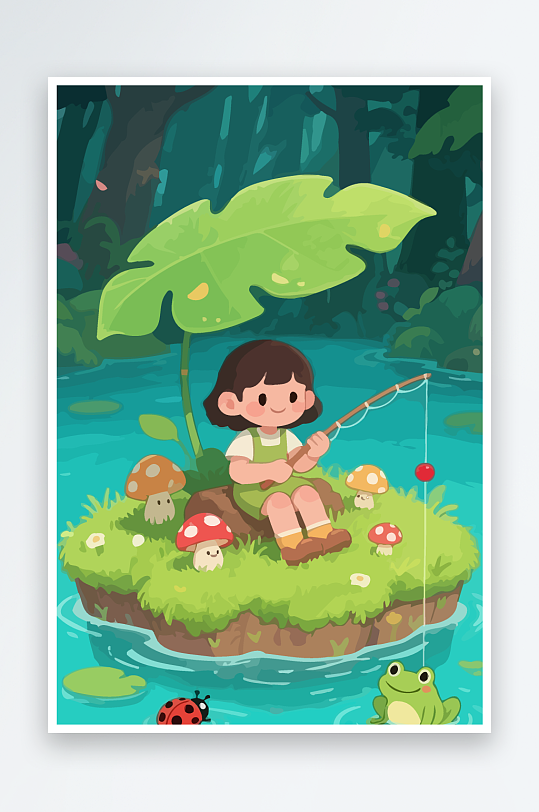 Q版钓鱼的小女孩元素-众图网