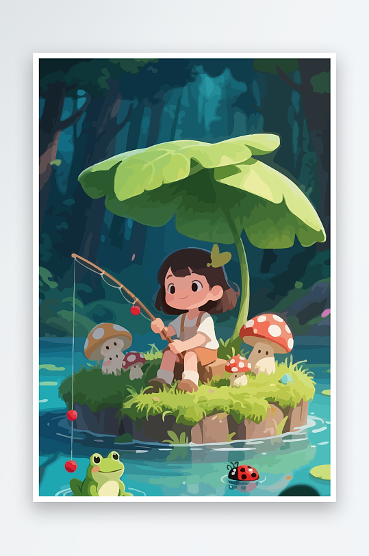 Q版钓鱼的小女孩元素-众图网