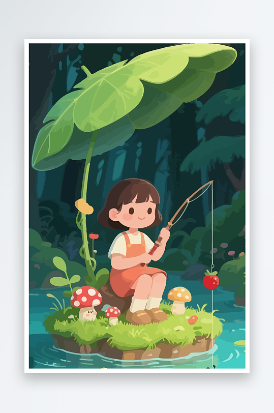 Q版钓鱼的小女孩元素-众图网