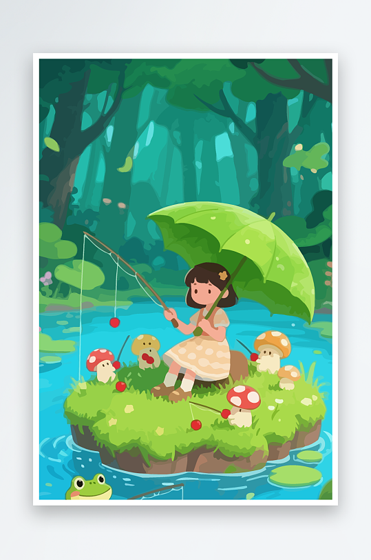 Q版钓鱼的小女孩元素-众图网