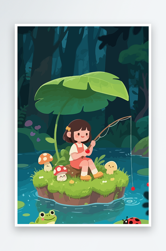 Q版钓鱼的小女孩元素-众图网