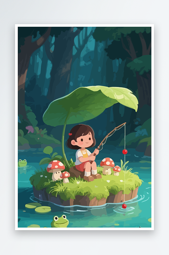 Q版钓鱼的小女孩元素-众图网